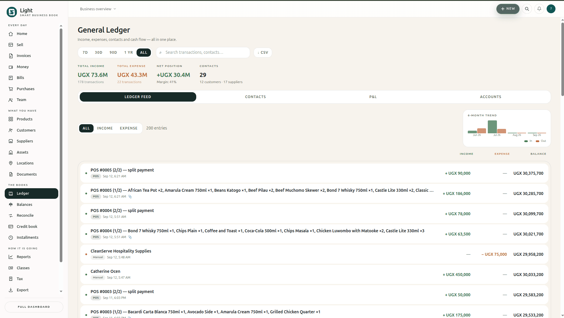 The general ledger, showing income, expense and net position with the entry feed beneath